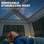 Green cabin tent interior view with removable star-gazing roof panel