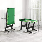 Green folding mini pool table set showing 104 cm length and side dimensions