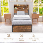 Industrial rustic brown single bed frame with slatted support and storage headboard