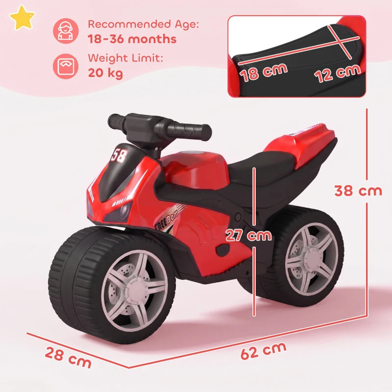 Red and black toddler balance bike showing size measurements and wide wheel design