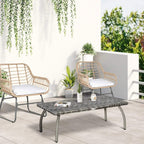 Grey mixed wicker coffee table with woven tabletop and curved resin legs