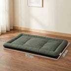 Green foldable pet bed on metal support frame, quilted cushion