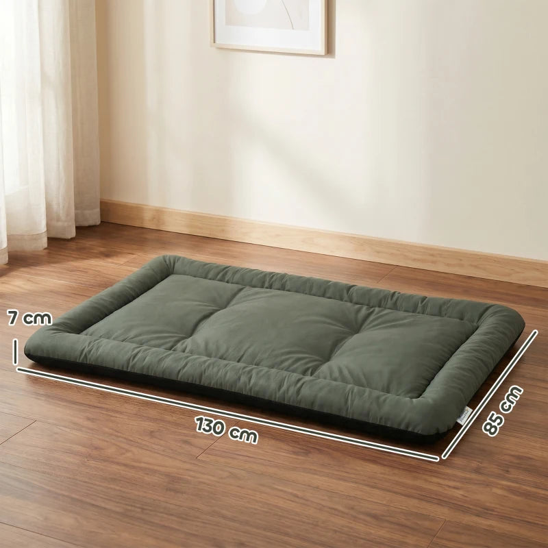 Green foldable pet bed on metal support frame, quilted cushion