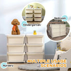 Cream kids storage unit with six drawers, top and front compartments for toys and books.