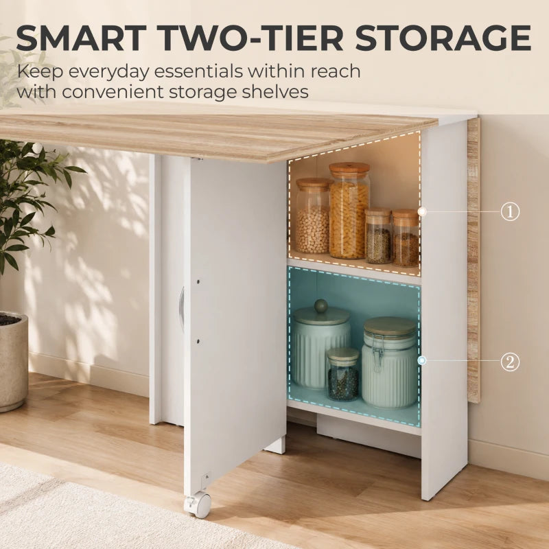 White folding dining table with natural wood top and open 2-tier storage shelves, on wheels