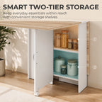 White folding dining table with natural wood top and open 2-tier storage shelves, on wheels