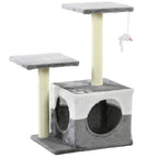 Grey cat tree tower with plush platforms, enclosed condo, and sisal scratching posts