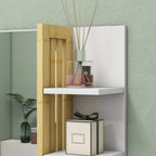 Bathroom mirror with bamboo side panel, white shelves with organizer items
