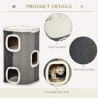 Grey sisal cat barrel with plush top perch and three accessible doorway holes