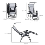Grey zero-gravity lounge chair with recline frame, shown with overall measurements