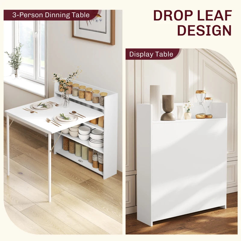 White drop-leaf dining table with multi-tier shelf base, open-front display view