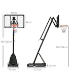Adjustable black basketball hoop stand with net, wheels, and size diagram