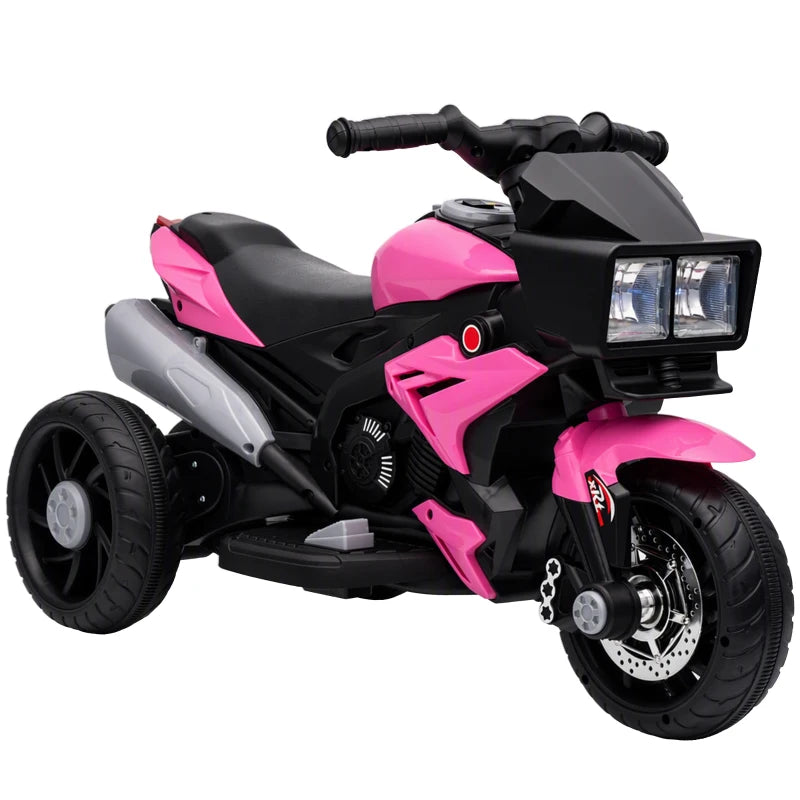 Pink and black 3-wheel kids electric ride-on motorcycle with front LED headlight.