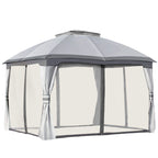 Grey metal garden gazebo canopy with zippered side panels and netting