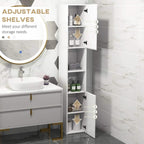 White bathroom cabinet with open door showing adjustable shelves and stored bottles