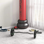 Black Olympic weight plates on a barbell, tri-grip design, 5 cm holes