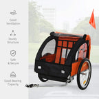 Orange and black bike trailer wagon with steel frame, safety flag, and mesh window