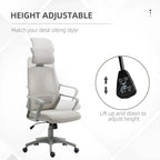Grey office chair with headrest; height adjustment lever on the base