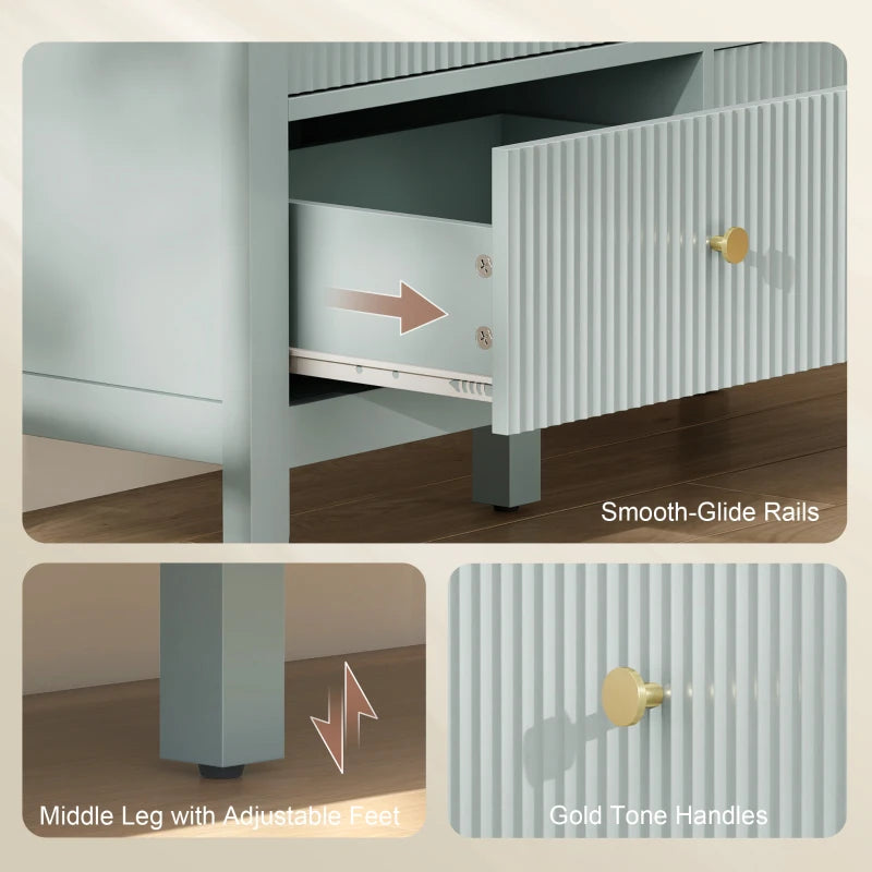 Green fluted dresser drawer detail with gold tone handles and smooth-glide rails