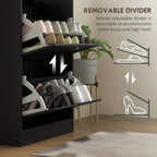 Black shoe cabinet with removable divider for flexible storage inside the flip shelves