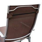 Brown mesh back chaise lounge chair with padded headrest and curved steel frame