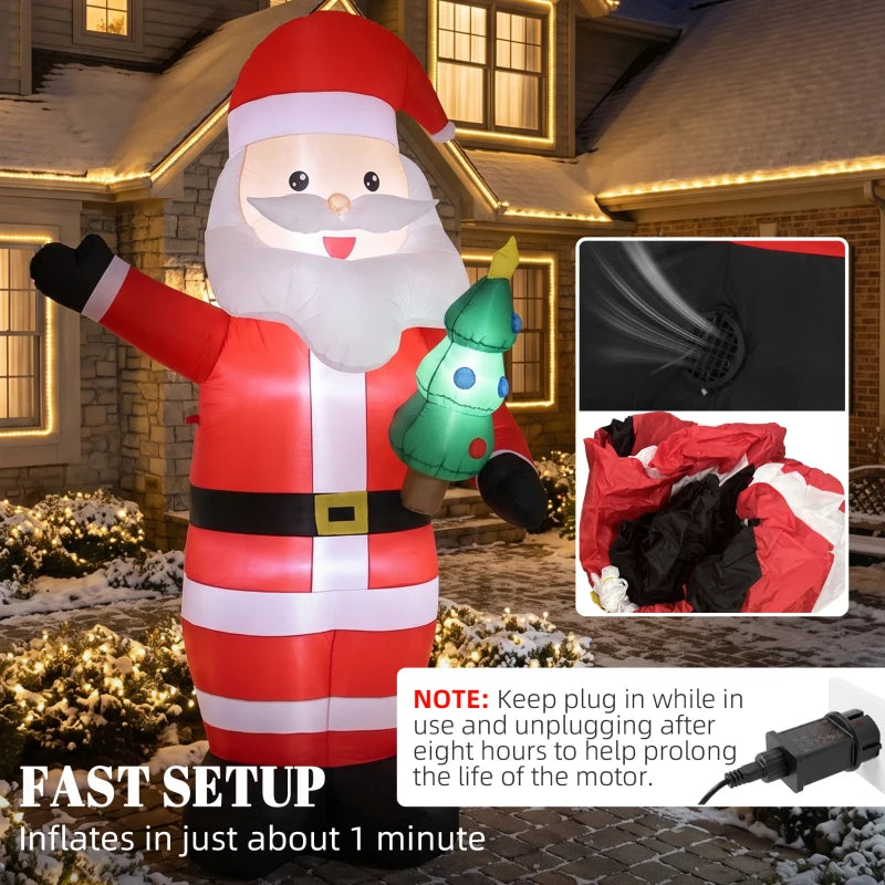 Inflatable Santa decoration in red and white stripes with glowing green tree