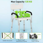 White shower chair with backrest, black armrests, and reinforced aluminum frame