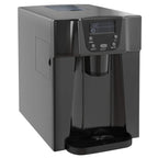 Black countertop ice maker machine with front control panel and ice bin tray