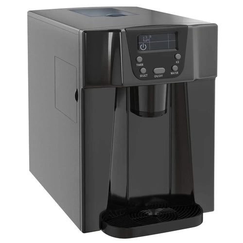 Black countertop ice maker machine with front control panel and ice bin tray