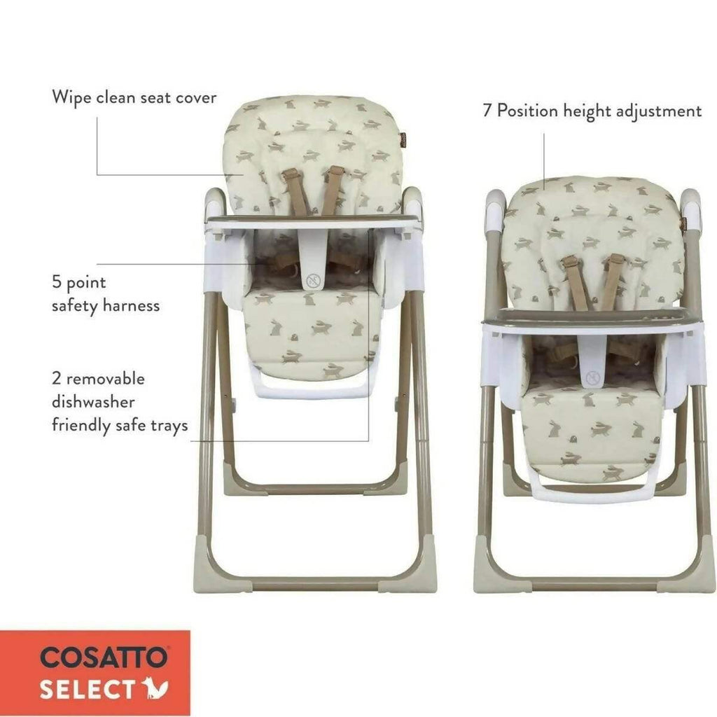 Baby highchair front view showing 5-point harness and wipeable patterned seat