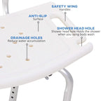 White shower stool seat with drainage holes, anti-slip texture, and safety grip slots.