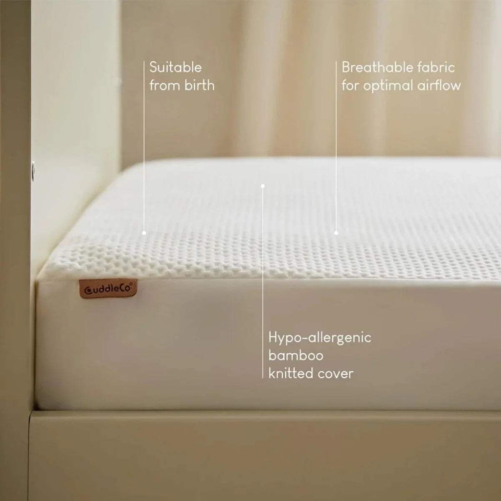 White cot bed waterproof mattress protector with quilted top and brand label patch.