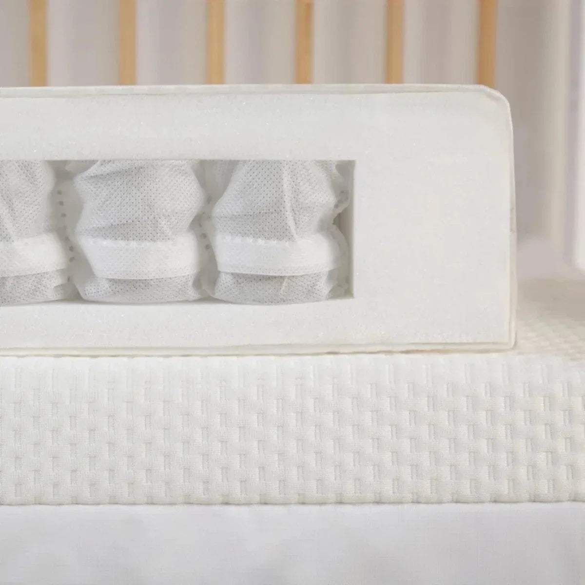 White mattress edge showing pocket-spring layer under the bamboo knitted cover.