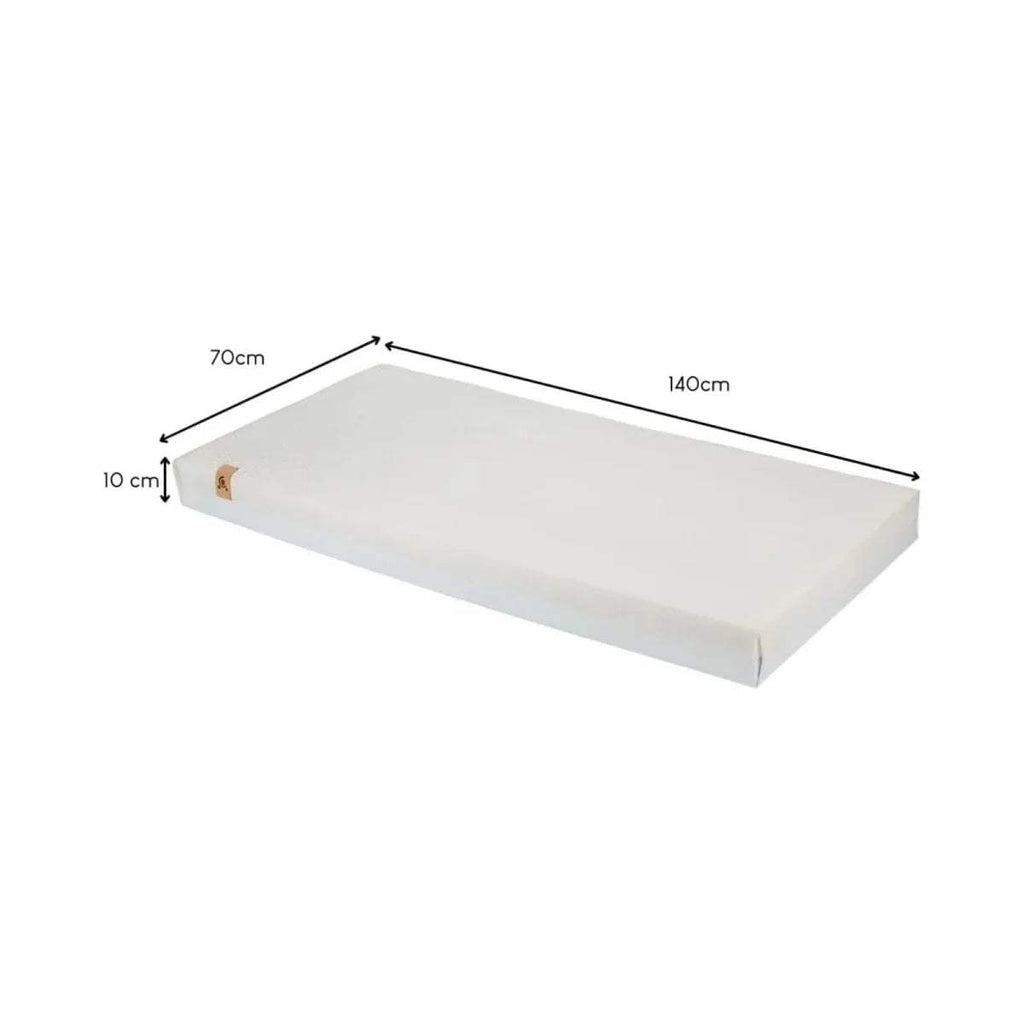 White cot bed mattress dimensions shown: 140cm long, 70cm wide, 10cm deep.