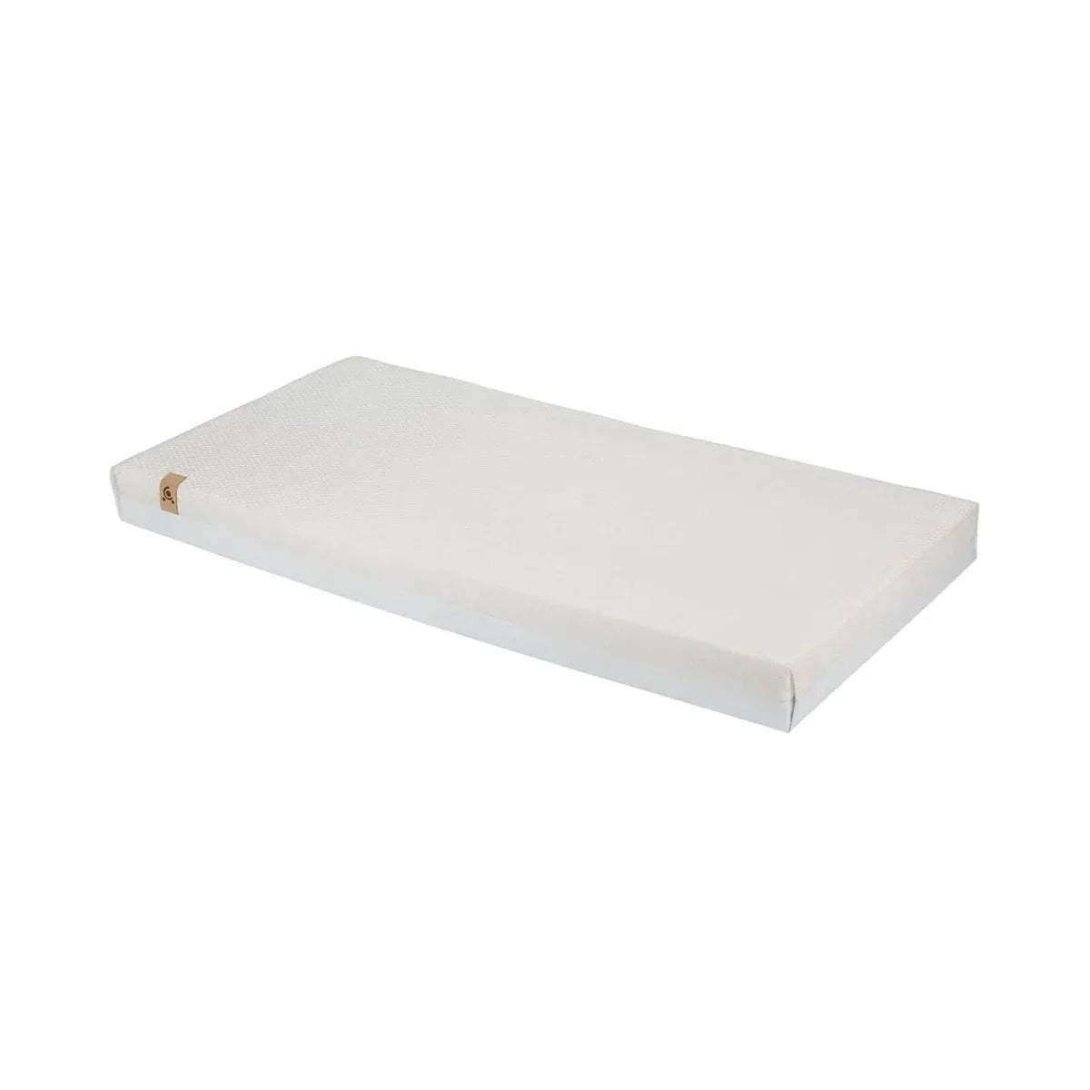 Baby cot mattress with white cover and thin stitched border, rectangular shape