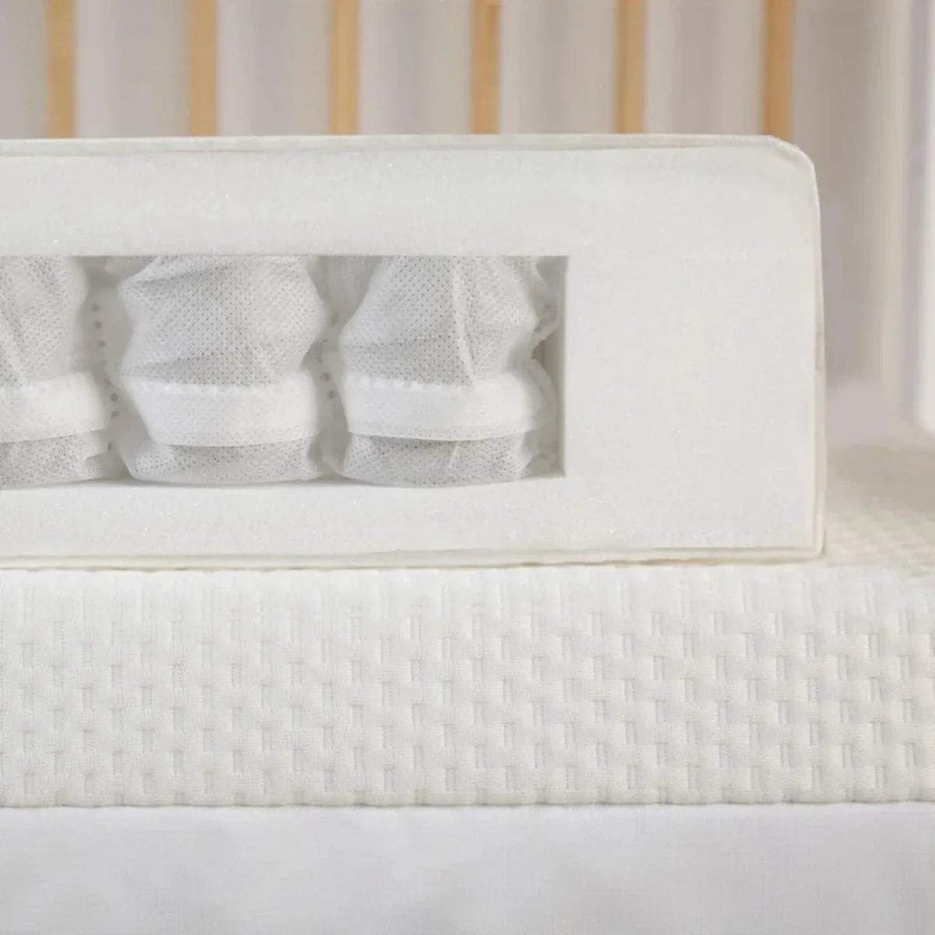 Baby cot mattress side view showing pocket-spring layers under a white cover