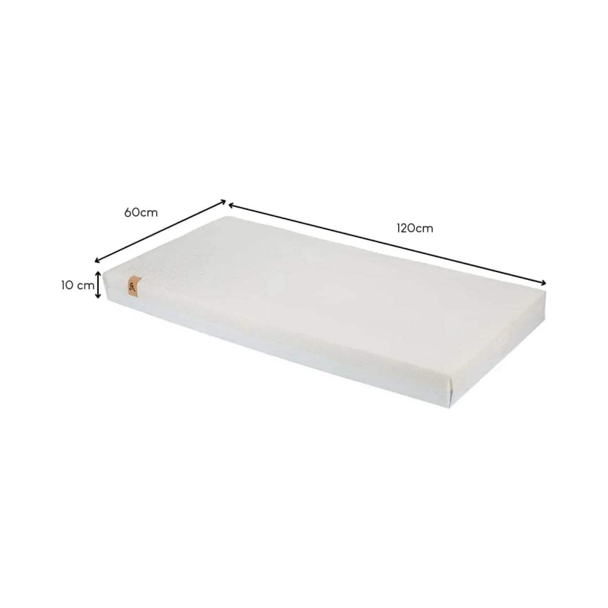 Baby cot mattress in white, with size markings 120cm by 60cm and 10cm height