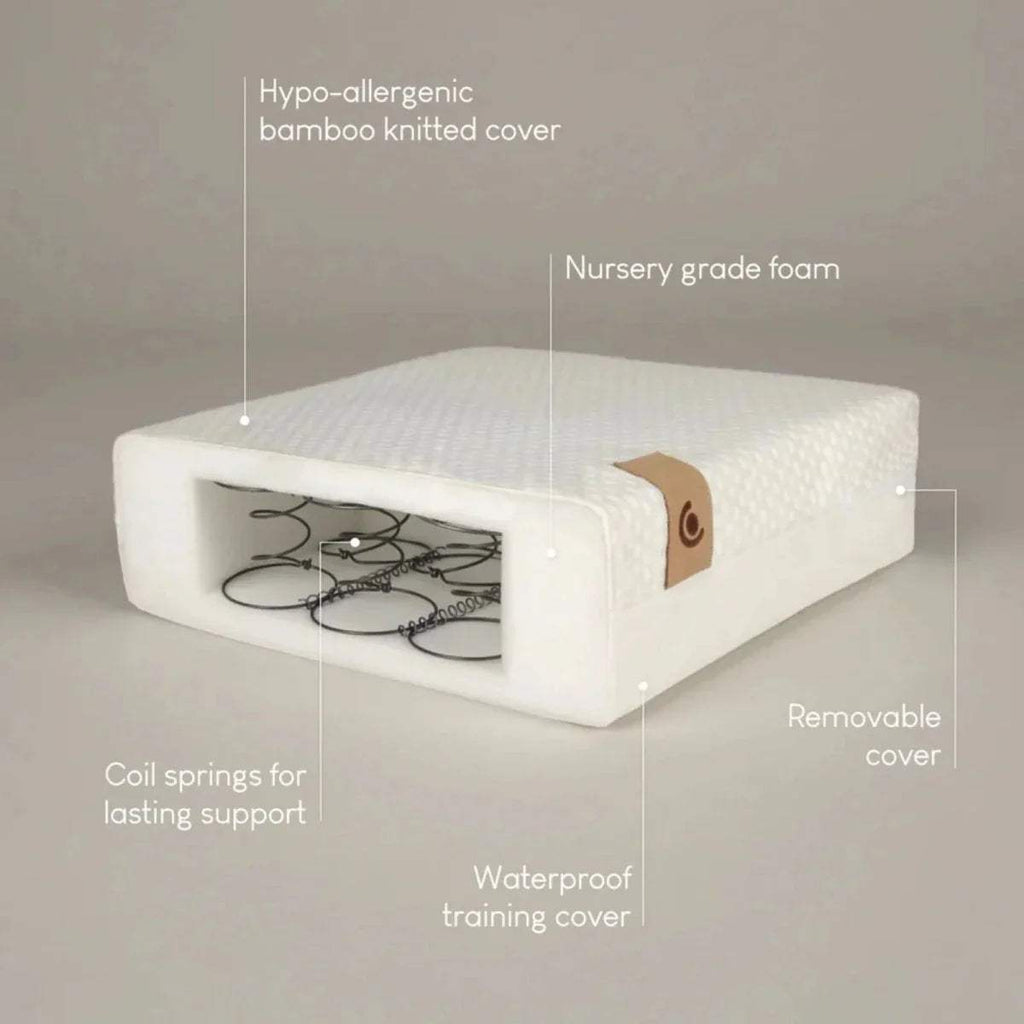 Cot mattress cross-section with bamboo knitted cover and coil springs, waterproof outer layer