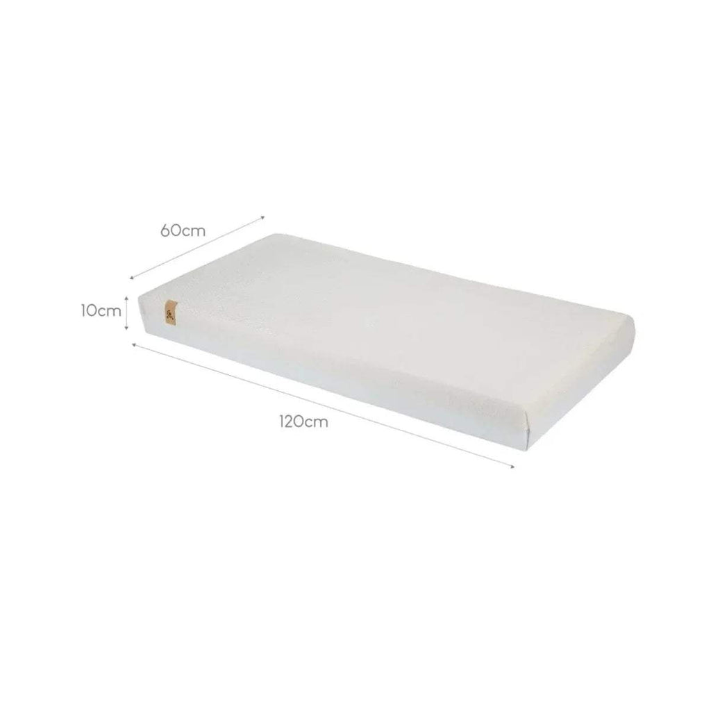 White cot mattress with dimensions 120 x 60 x 10cm, smooth top surface
