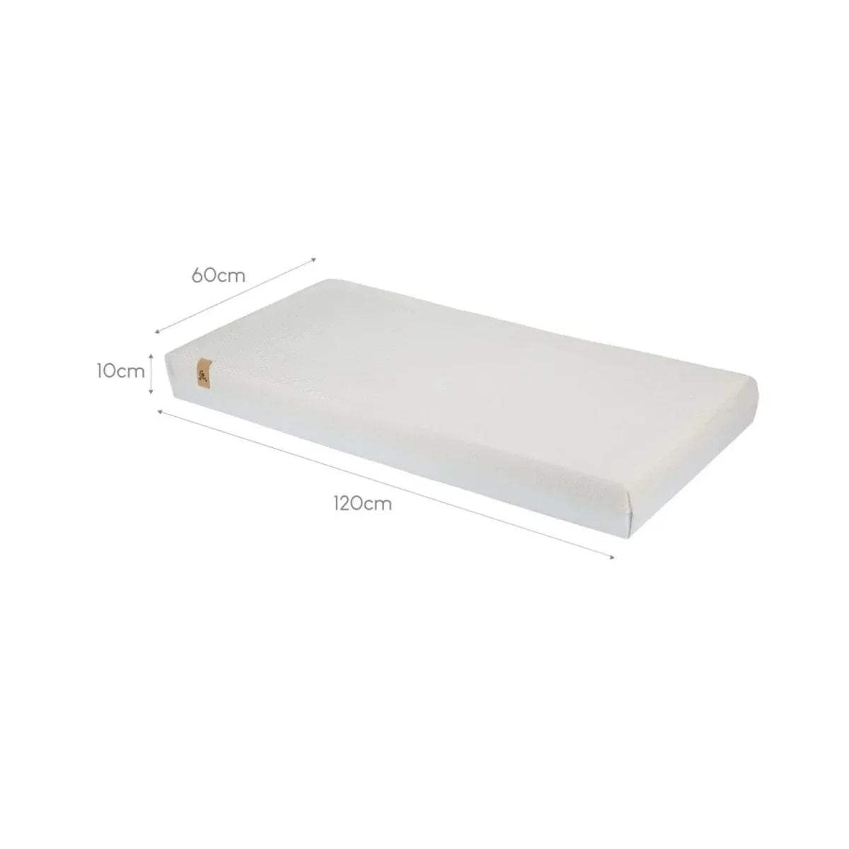 White cot mattress with dimensions 120 x 60 x 10cm, smooth top surface