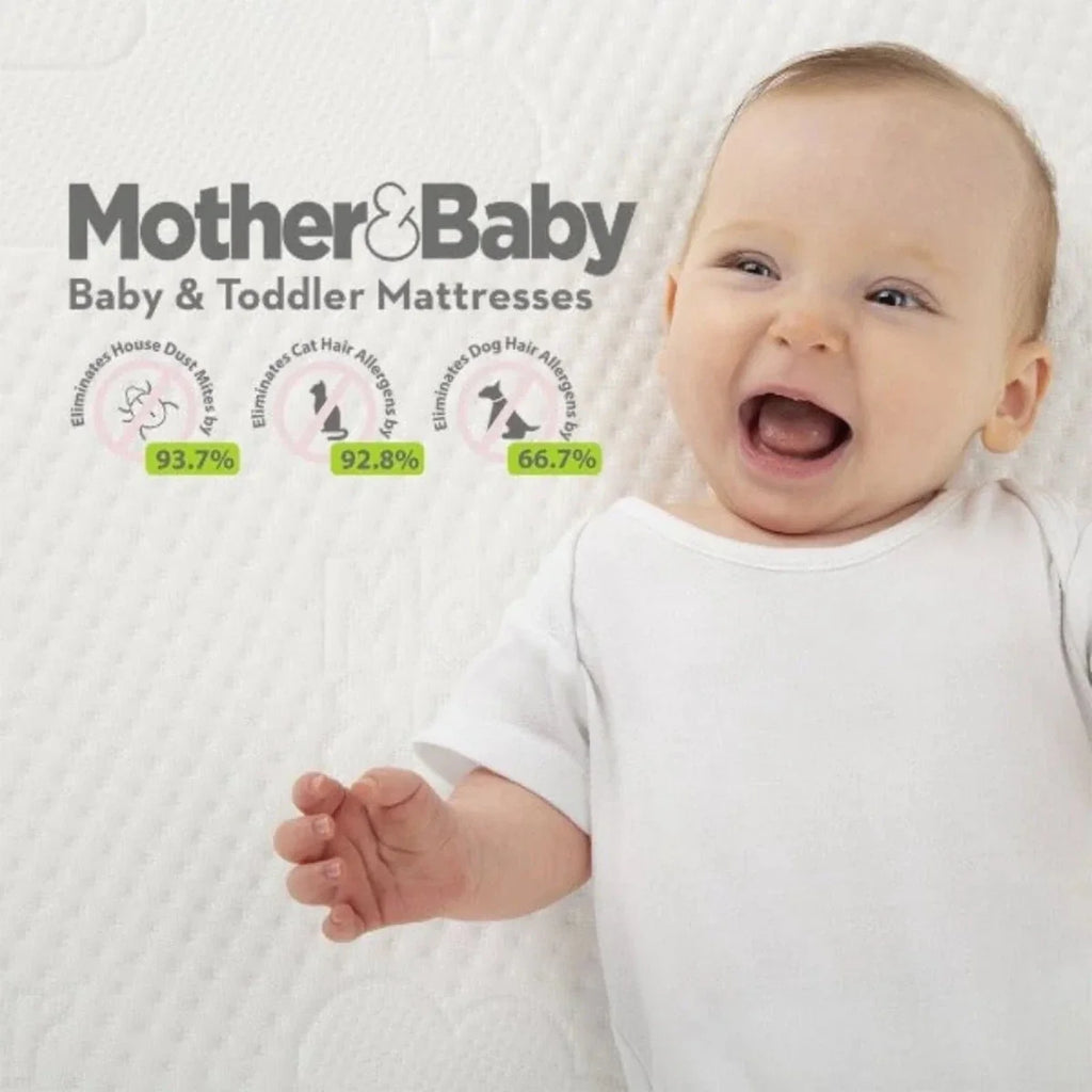 White cot mattress shown with baby portrait and age-related feature graphic