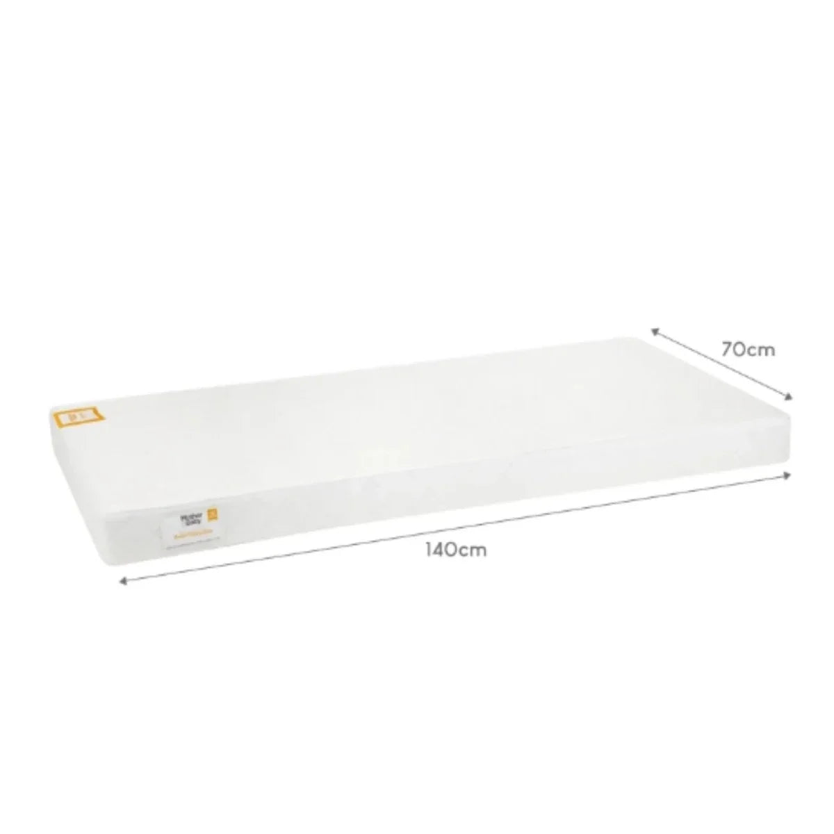 White cot mattress, 140 x 70 cm size shown with measurement arrows