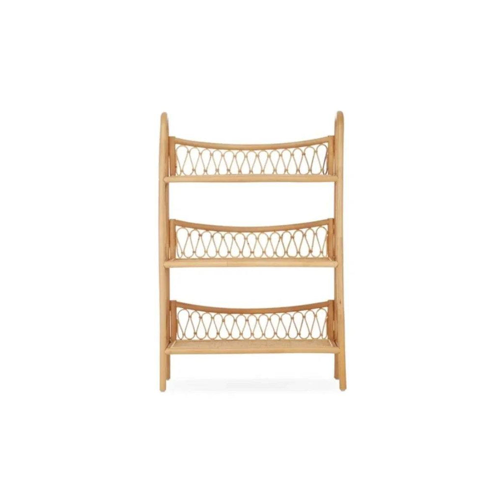 Three-tier rattan shelving unit with curved lattice-style front panels