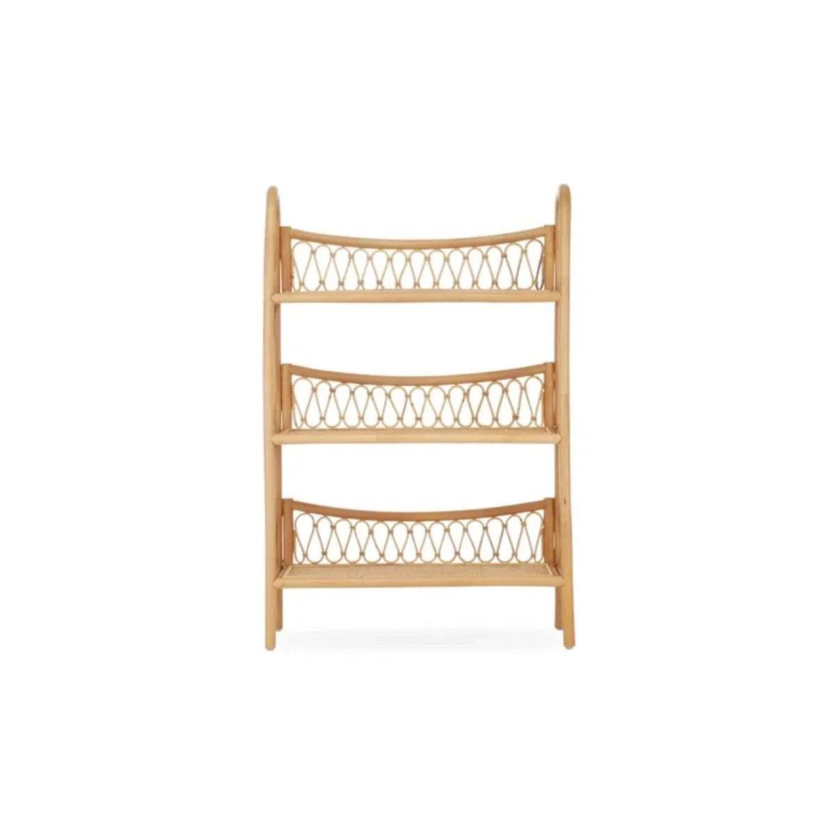 Three-tier rattan shelving unit with curved lattice-style front panels