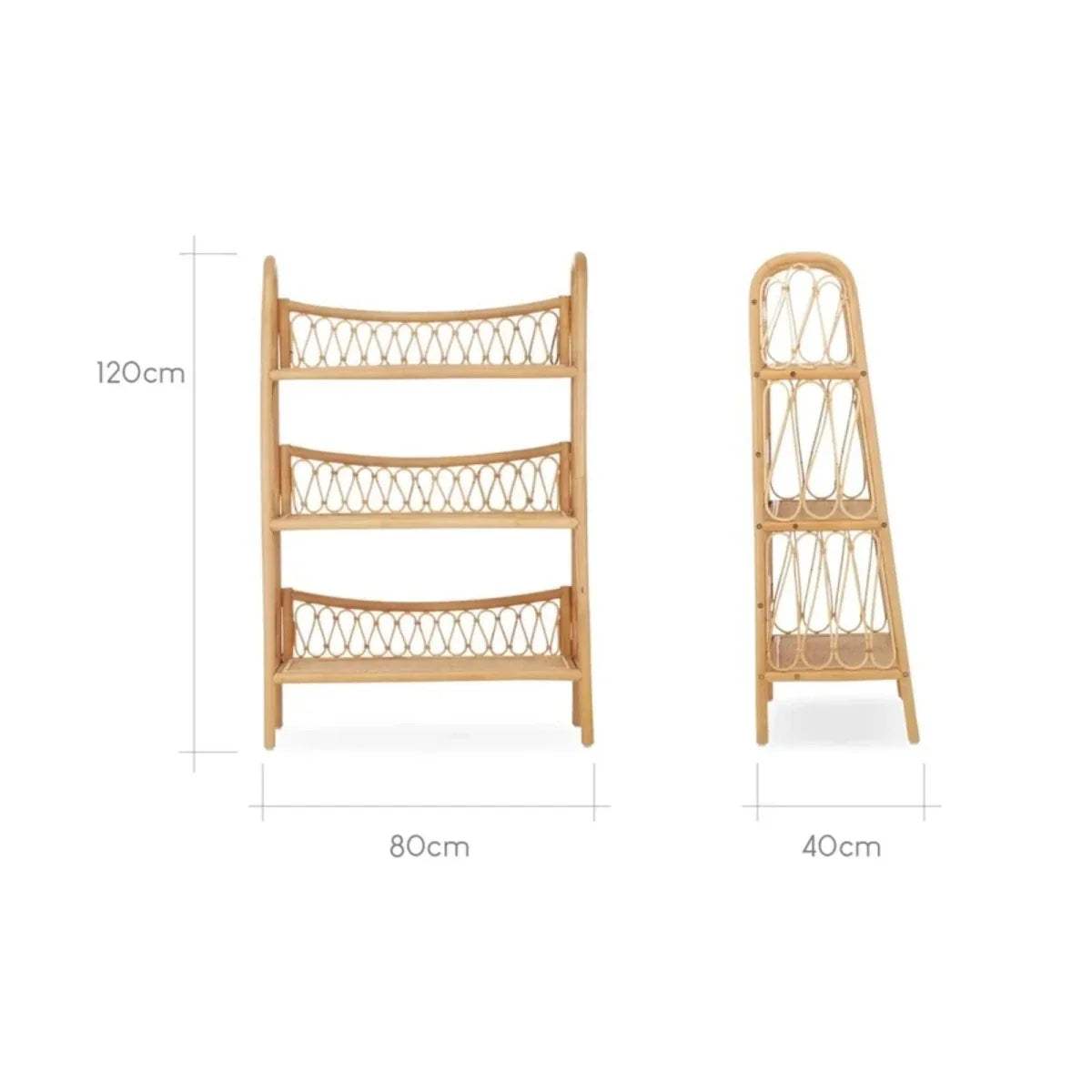 Rattan 3-tier shelf unit with dimensions: 80cm wide, 120cm high, 40cm deep