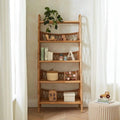 Wooden 5-tier shelving unit with rattan mesh shelves and vertical side rails