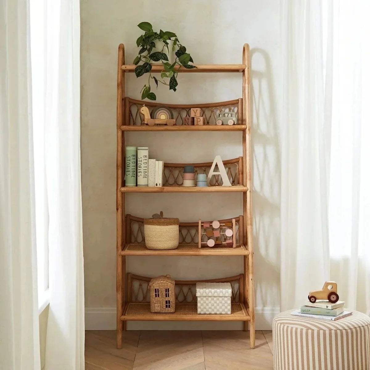 Wooden 5-tier shelving unit with rattan mesh shelves and vertical side rails