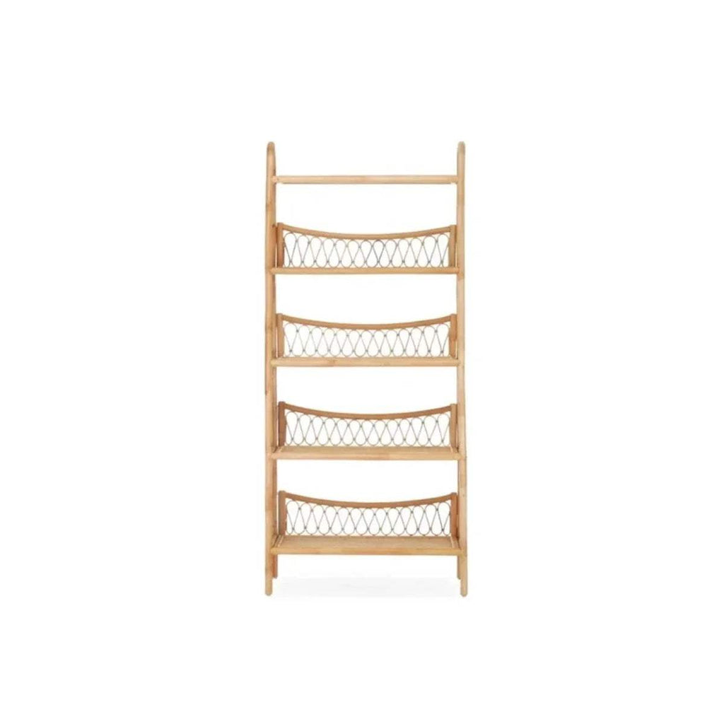 Light wood 5-tier shelving unit with woven rattan mesh shelves, side profile