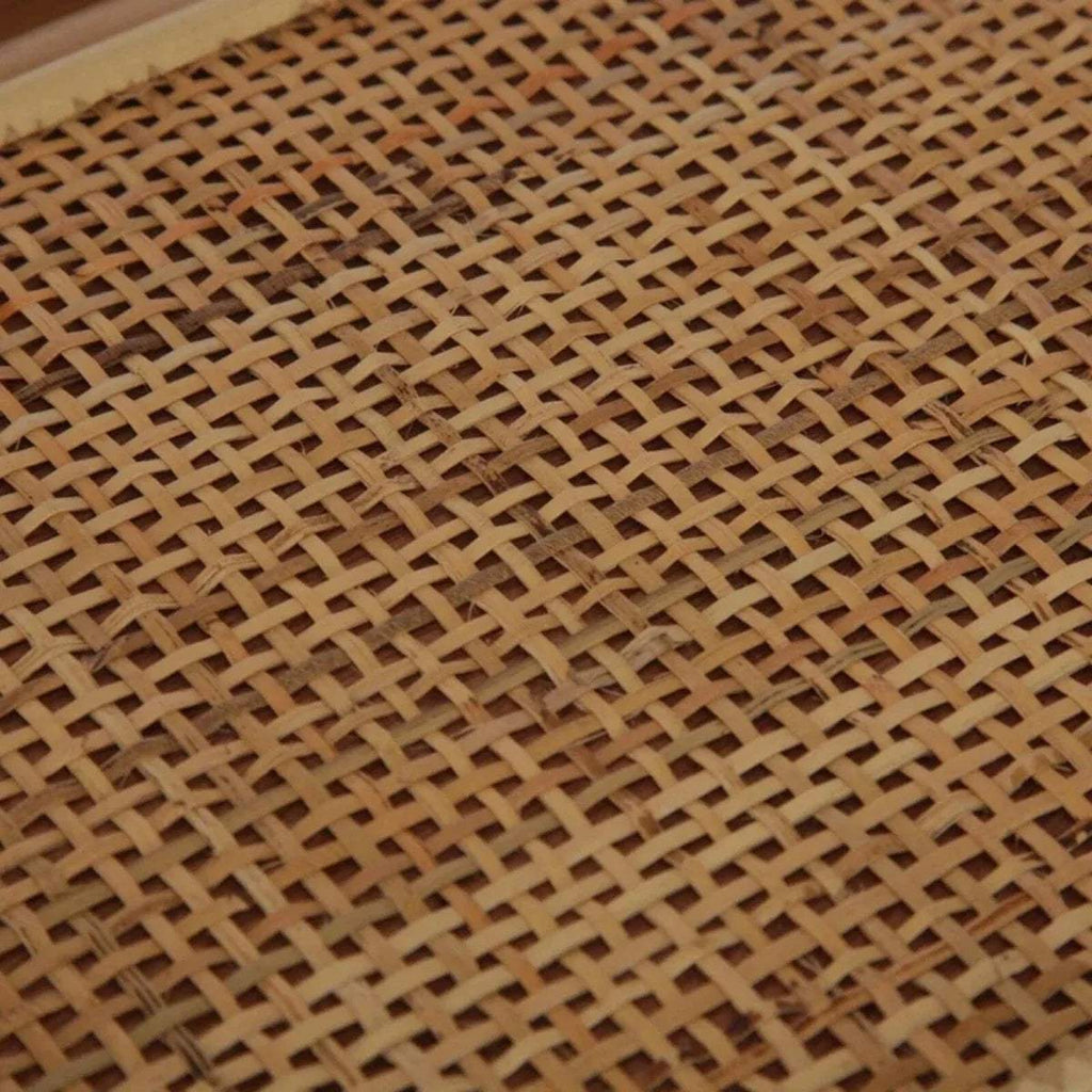 Close-up of woven rattan mesh shelf panel in natural tan color