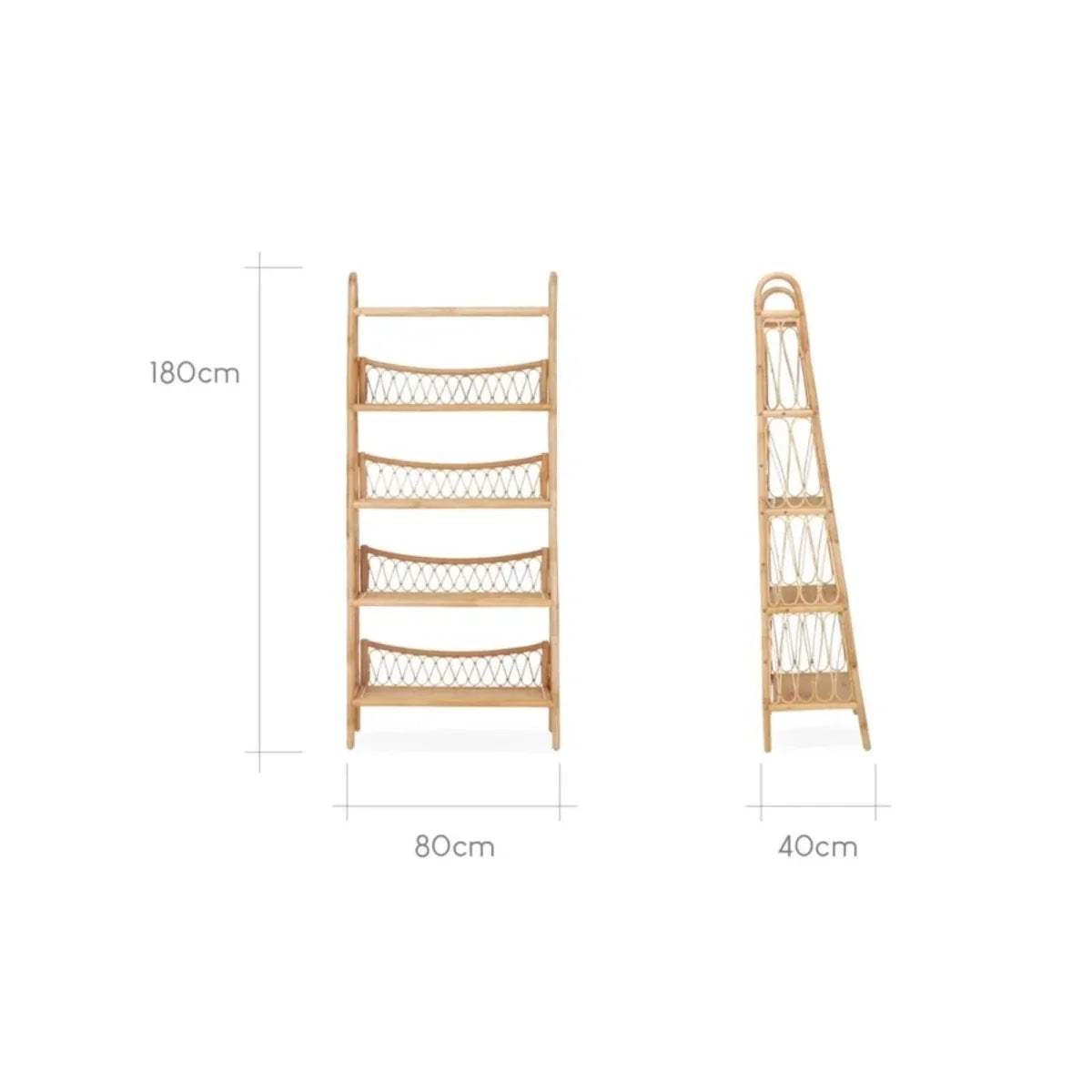 5-tier rattan mesh shelving unit dimensions: 180cm H, 80cm W, 40cm D